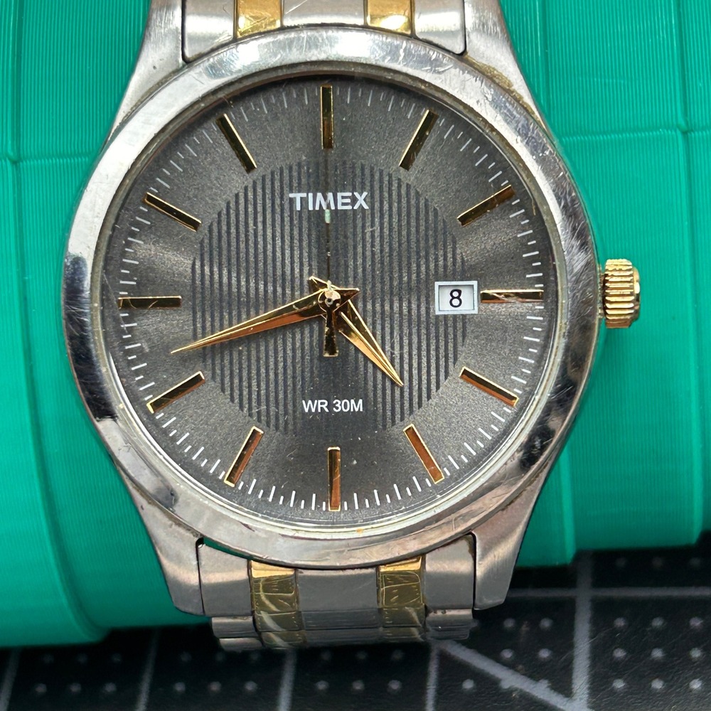 Timex Two Tone Stainless Steel Watch Grey Dial Date Y4